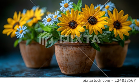 Vintage Floral Arrangements with Bright Sunflowers and Daisies in Clay Pots 124818567