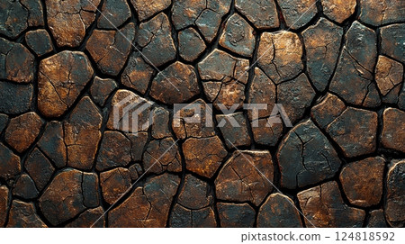 Abstract Earthy Texture of Cracked Clay Surface with Deep Colors and Patterns 124818592