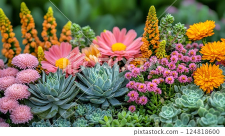 Vibrant Close-Up of Colorful Flowering Succulents in a Peaceful Garden Setting Vibrant Close-Up of Colorful Flowering Succulents in a Peaceful Garden Setting 124818600