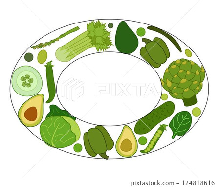 Green vegetables oval frame, boxing, bordering. card template. Text, copy space. vector flat Spinach, Dandelion, broccoli, Romaine Lettuce, kale Collard for cooking bakery labels textile tags Green vegetables oval frame, boxing, bordering. card template. Text, copy space. vector flat Spinach, Dandelion, broccoli, Romaine Lettuce, kale Collard for cooking bakery labels textile tags 124818616