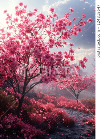 Peaceful Cosmic Scene with Soft Pastel Tones and Blossoming Pink Trees 124818647