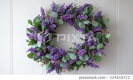 Delicate Pastel Floral Wreath with Eucalyptus for Peaceful Home Decor 124818722