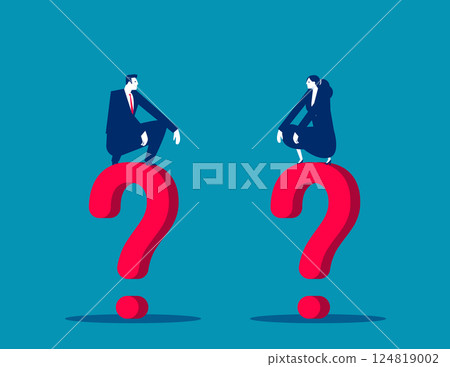 Business person sitting low on the question mark. Communication problems 124819002