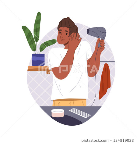 Vector hindu man with hair dryer. Character drying hair at bathroom. Cartoon guy doing cosmetic routine at morning bath. Hairstyle and grooming hygiene. Illustration of male holding air blow device 124819028