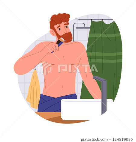 Man trimming beard at bathroom. Vector guy using shaver for hair trim at face. Cartoon person making hygiene routine and facial cosmetic treatment. Shaving and head cleansing at neckline. Bath theme Man trimming beard at bathroom. Vector guy using shaver for hair trim at face. Cartoon person making hygiene routine and facial cosmetic treatment. Shaving and head cleansing at neckline. Bath theme 124819050