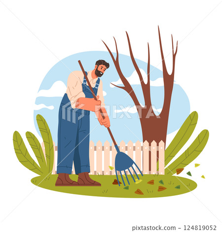 Gardener sweeping leaves at yard. Vector worker at garden backyard with rake making lawn maintenance or service. Orchard farmer outdoor. Agriculture and autumn, horticulture and nature work theme 124819052