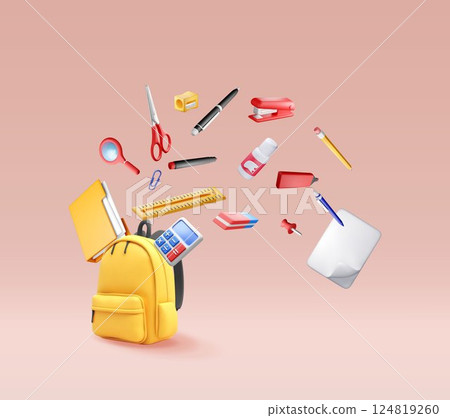 3D School backpack full of stationery items 124819260