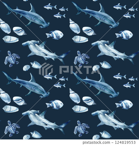 Watercolor seamless pattern. Hammerhead sharks fish shells and turtle in blue ocean theme for tropical sea life design Watercolor seamless pattern. Hammerhead sharks fish shells and turtle in blue ocean theme for tropical sea life design 124819553