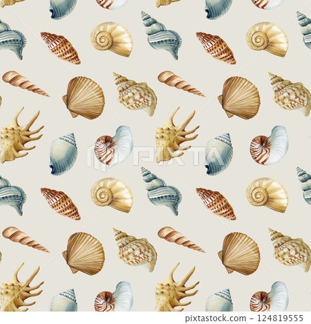 watercolor seamless pattern with sea shells spiral conch clam underwater ocean elements for summer beach, coastal design 124819555