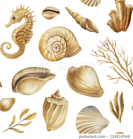 Seamless pattern with beige seahorse shells coral tropical underwater ocean elements for marine beach summer decoration 124819566
