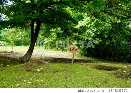 Historic Komakino Ruins: A wooden sign for the "Dokoubo" pit tomb and a dug hole. Komakino, Nozawa, Aomori City, Aomori Prefecture 124819571