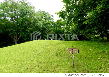 Historic Komakino Ruins: A view of the wooden "Observation Deck" sign at Komakino, Nozawa, Aomori City, Aomori Prefecture 124819576