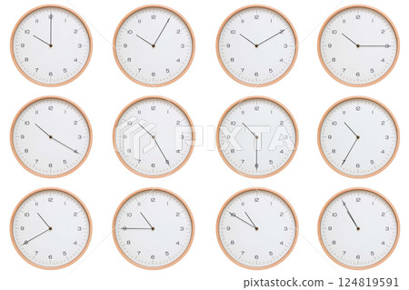 A set of twelve analog wooden wall clocks with white face and black hands, showing 5-minute intervals from 10:00 AM / PM to 10:55 AM / PM. Clean white background, perfect for time, routine, and A set of twelve analog wooden wall clocks with white face and black hands, showing 5-minute intervals from 10:00 AM / PM to 10:55 AM / PM. Clean white background, perfect for time, routine, and 124819591