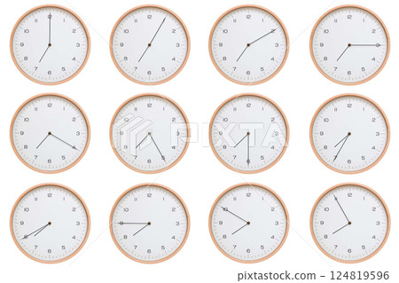 A set of twelve analog wooden wall clocks with white face and black hands, showing 5-minute intervals from 07:00 AM / PM to 07:55 AM / PM. Clean white background, perfect for time, routine, and 124819596