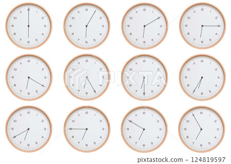 A set of twelve analog wooden wall clocks with white face and black hands, showing 5-minute intervals from 06:00 AM / PM to 06:55 AM / PM. Clean white background, perfect for time, routine, and 124819597