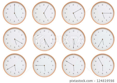 A set of twelve analog wooden wall clocks with white face and black hands, showing 5-minute intervals from 05:00 AM / PM to 05:55 AM / PM. Clean white background, perfect for time, routine, and 124819598