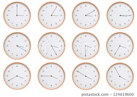 A set of twelve analog wooden wall clocks with white face and black hands, showing 5-minute intervals from 03:00 AM / PM to 03:55 AM / PM. Clean white background, perfect for time, routine, and 124819600