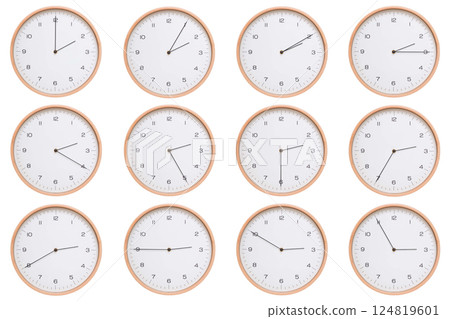 A set of twelve analog wooden wall clocks with white face and black hands, showing 5-minute intervals from 02:00 AM / PM to 02:55 AM / PM. Clean white background, perfect for time, routine, and 124819601