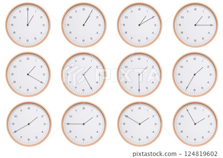 A set of twelve analog wooden wall clocks with white face and black hands, showing 5-minute intervals from 01:00 AM / PM to 01:55 AM / PM. Clean white background, perfect for time, routine, and A set of twelve analog wooden wall clocks with white face and black hands, showing 5-minute intervals from 01:00 AM / PM to 01:55 AM / PM. Clean white background, perfect for time, routine, and 124819602