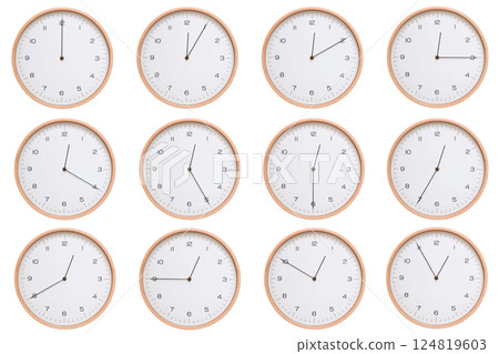 A set of twelve analog wooden wall clocks with white face and black hands, showing 5-minute intervals from 00:00 AM / PM to 00:55 AM / PM. Clean white background, perfect for time, routine, and 124819603