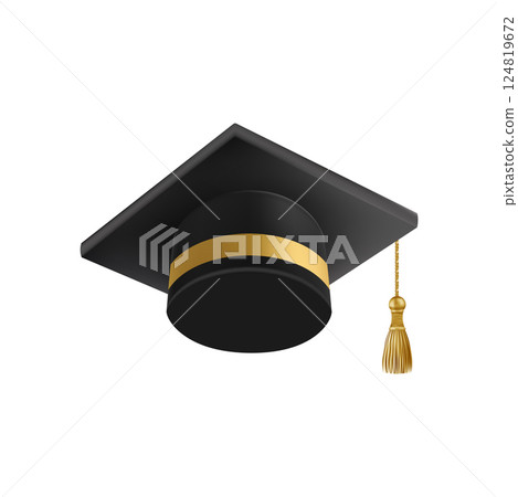 Realistic Black graduate cap. 3D Graduation Doctoral hat. 124819672
