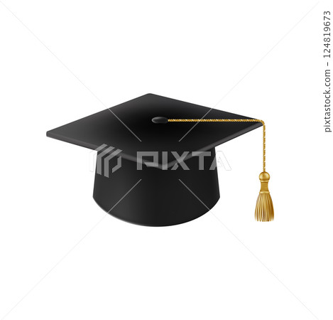 Realistic Black graduate cap. 3D Graduation Doctoral hat. 124819673