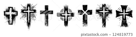 Grunge Christian Cross Set with Distressed Texture and Ink Splash Effects for Religious and Gothic Grunge Christian Cross Set with Distressed Texture and Ink Splash Effects for Religious and Gothic 124819773