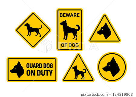 Dog beware sign guard icon. Dog danger forbidden pictogram vector icon caution 124819808