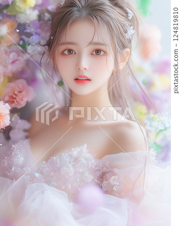 Young woman in a pink dress against a wall decorated with colorful flowers 124819810