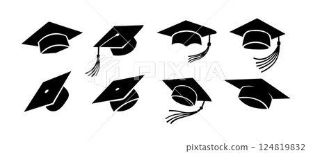 Graduate hat student vector logo icon set. Graduate cap university education school diploma academic 124819832