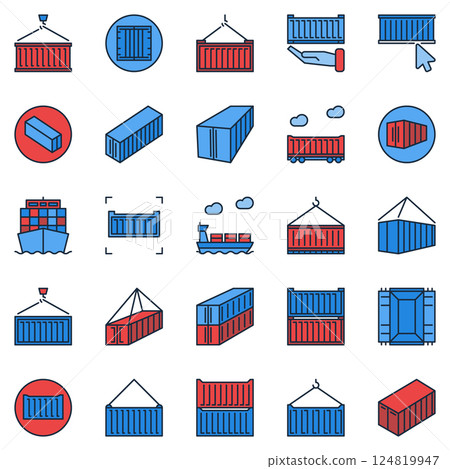 Shipping Containers colored icons set. Vector transportation, delivery and logistics signs 124819947