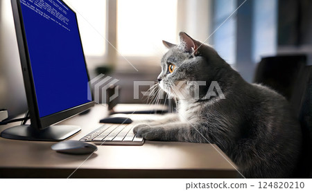 A cat at a loss after seeing a blue screen 124820210