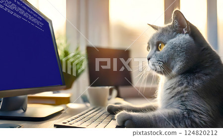 A cat at a loss after seeing a blue screen 124820212