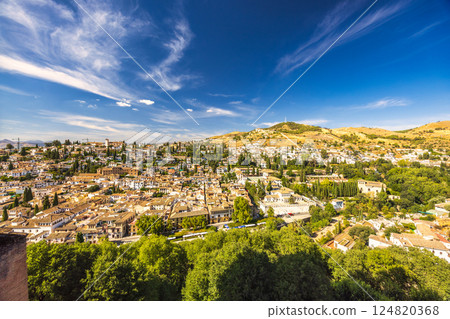 Granada town in Spain from the Alhambra complex. Panoramic view of a city nestled on a hillside under a vibrant blue sky. Granada town in Spain from the Alhambra complex. Panoramic view of a city nestled on a hillside under a vibrant blue sky. 124820368