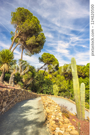 The Historical Botanical Garden La Concepcion in Malaga city at Andalusia, Spain, Europe. Serene garden path winds through diverse flora, under a vibrant blue sky. 124820500