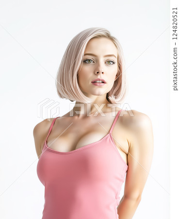 身穿吊帶背心、頭髮呈粉紅色的年輕女子 身穿吊帶背心、頭髮呈粉紅色的年輕女子 124820521