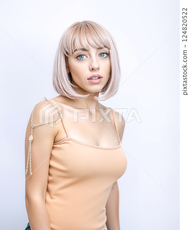身穿吊帶背心、頭髮呈粉紅色的年輕女子 身穿吊帶背心、頭髮呈粉紅色的年輕女子 124820522