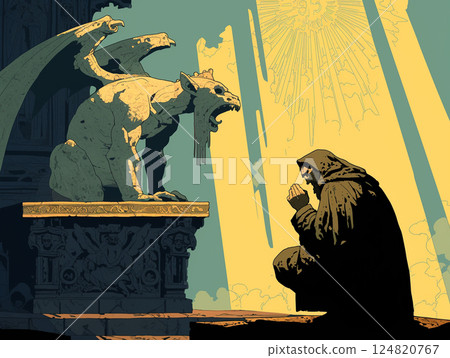 A scene of a gargoyle turning to stone in front of St. Romanus, a divine light pouring down on him as he shows an expression of anguish on his face. 124820767