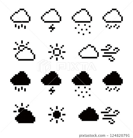 Pixel Weather Icon Set Featuring Rain, Sun, Wind, Cloud, and Storm in Both Outline and Filled Styles 124820791