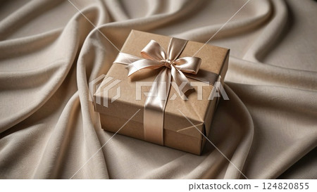 A gift box tied with a champagne gold ribbon A gift box tied with a champagne gold ribbon 124820855