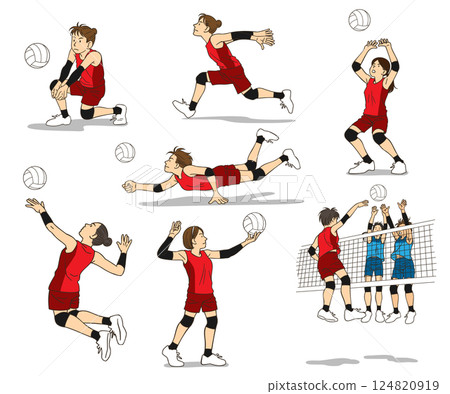 Women's volleyball match set of various techniques and poses Women's volleyball match set of various techniques and poses 124820919
