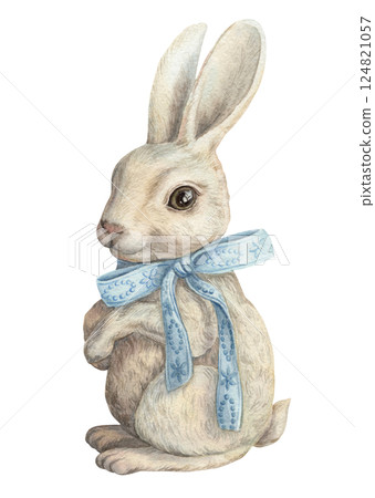 Cute white bunny with a blue ribbon in a vintage Easter theme. Realistic hand drawn watercolor holiday artwork with soft details. Perfect for card design. Ideal for festive prints and decoration. Cute white bunny with a blue ribbon in a vintage Easter theme. Realistic hand drawn watercolor holiday artwork with soft details. Perfect for card design. Ideal for festive prints and decoration. 124821057