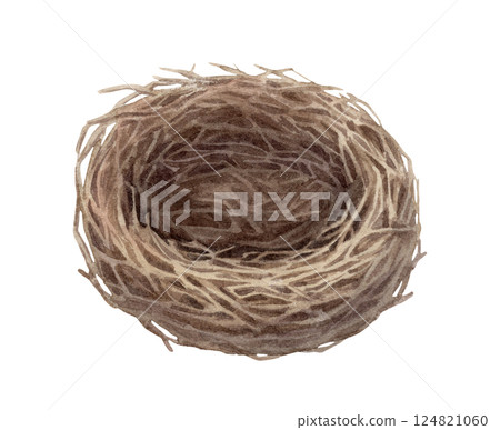 Empty bird nest from twig in a vintage Easter theme. Realistic hand drawn watercolor illustration with texture. Perfect for card design. Ideal for festive decor and nature themed holiday artwork. Empty bird nest from twig in a vintage Easter theme. Realistic hand drawn watercolor illustration with texture. Perfect for card design. Ideal for festive decor and nature themed holiday artwork. 124821060