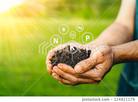 The fertile soil for cultivation is in the hands of men, and there are technology icons about the elements in the soil. Soil for planting with the nutrients in the soil that are necessary for plant. 124821179