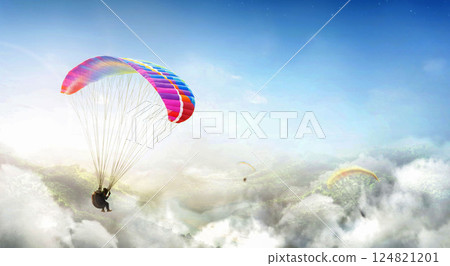 Paragliding multicolor. Paraglider flying over Landscape from the background Beauty nature mountain landscape of the sky. Paragliding Sports. Concept of extreme sport, taking adventure challenge. 124821201