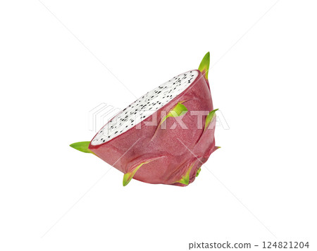 Fresh dragon fruit Half cut saw the flesh of the dragon fruit or pitahaya (pitaya) isolated on white background. clipping path included. Fresh organic dragon fruit from the garden. food concept. 124821204