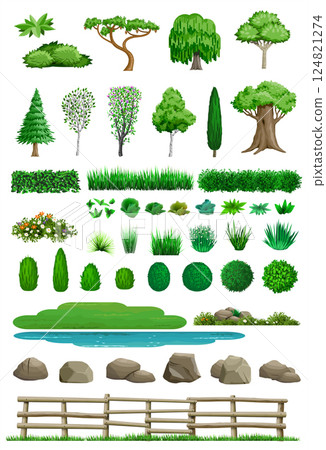 Set of vector trees bushes and stones Set of vector trees bushes and stones 124821274