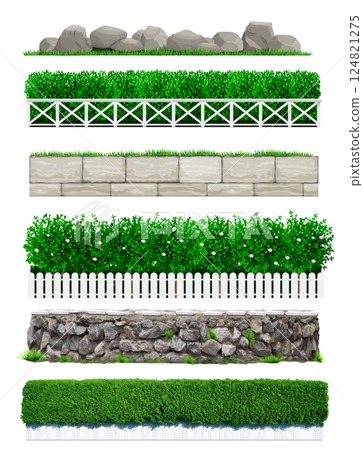 Set of vector stone wall green fences 124821275