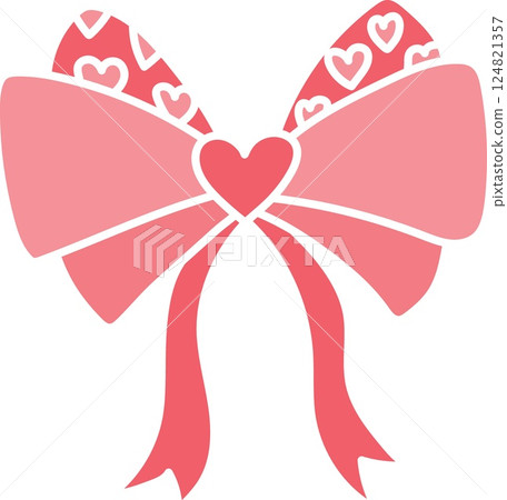 doodle bow Pink ribbon. Colorful heart-patterned bow in pink tones. in flat color style doodle bow Pink ribbon. Colorful heart-patterned bow in pink tones. in flat color style 124821357