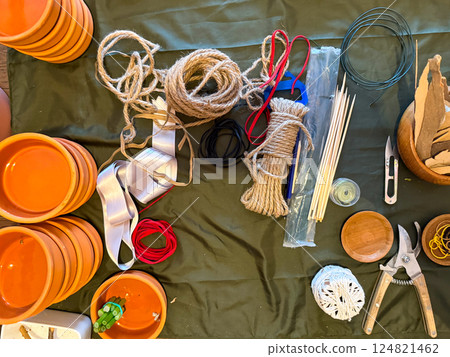 Preparation of tools and supplies for traditional ikebana floral arrangement. Artistic expression through nature 124821462